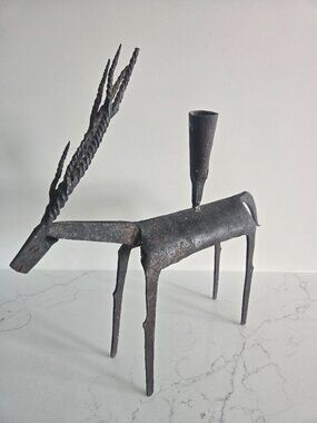 Brutalist Mid Century Forged  Cast Iron Deer Candle Holder
